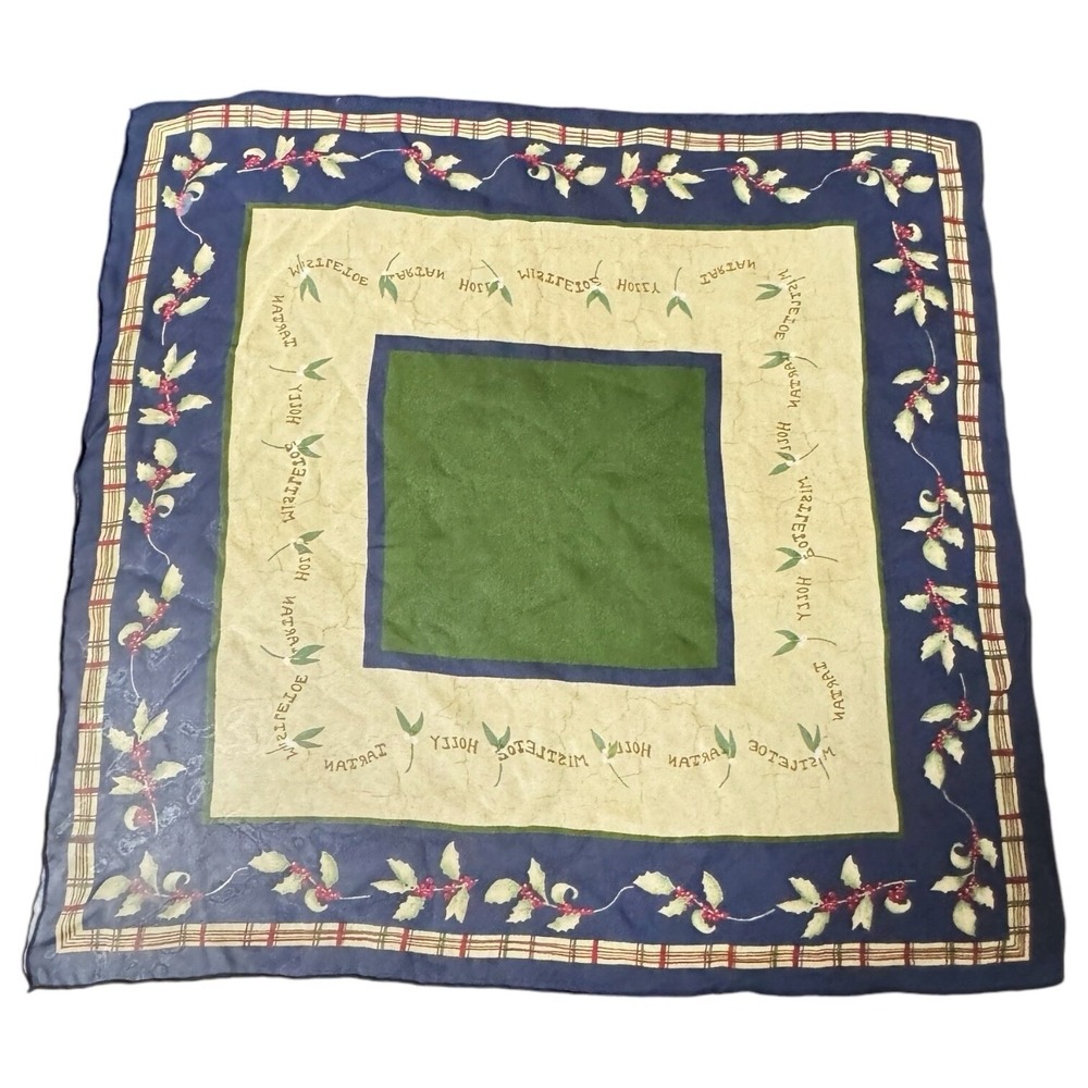 Vintage Liz Claiborne Square Silk Scarf Winter Holiday Holly Mistletoe Christmas - Picture 2 of 5